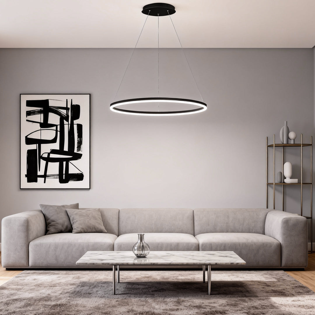 Modern LED Ring Chandelier Aluminium Acrylic Dimmable 3000K–6000K Remote Black Coffee Gold White 3 Sizes