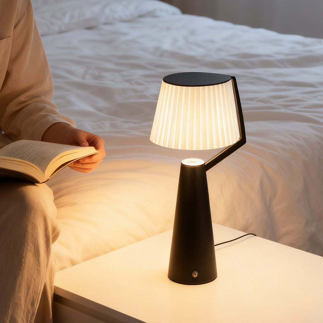 Nordic Pleated PS Shade Table Lamp Iron Base USB Rechargeable Touch Dimmable Black White 14.96 Inch