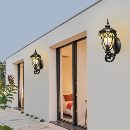 Black Outdoor Wall Lantern Scroll Bracket Glass E27 Down or Up 3 Sizes