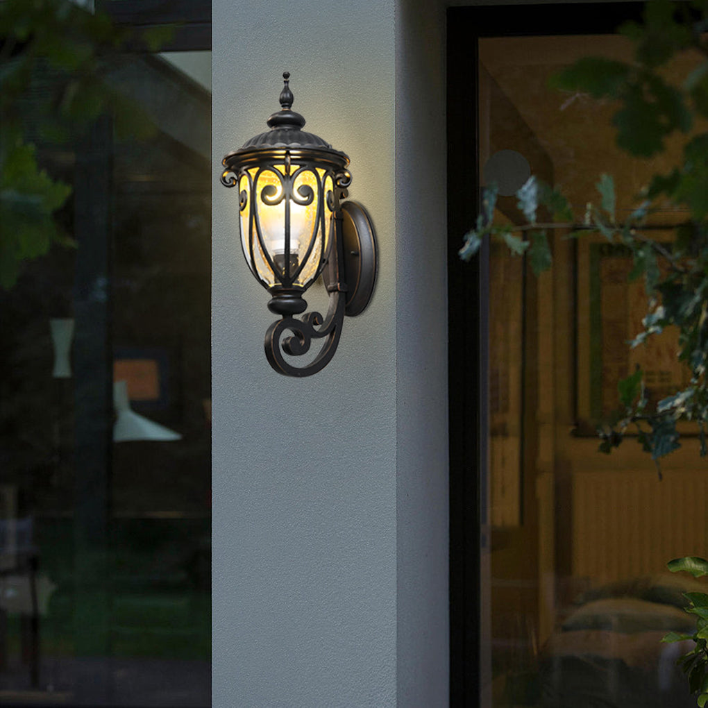 Black Outdoor Wall Lantern Scroll Bracket Glass E27 Down or Up 3 Sizes