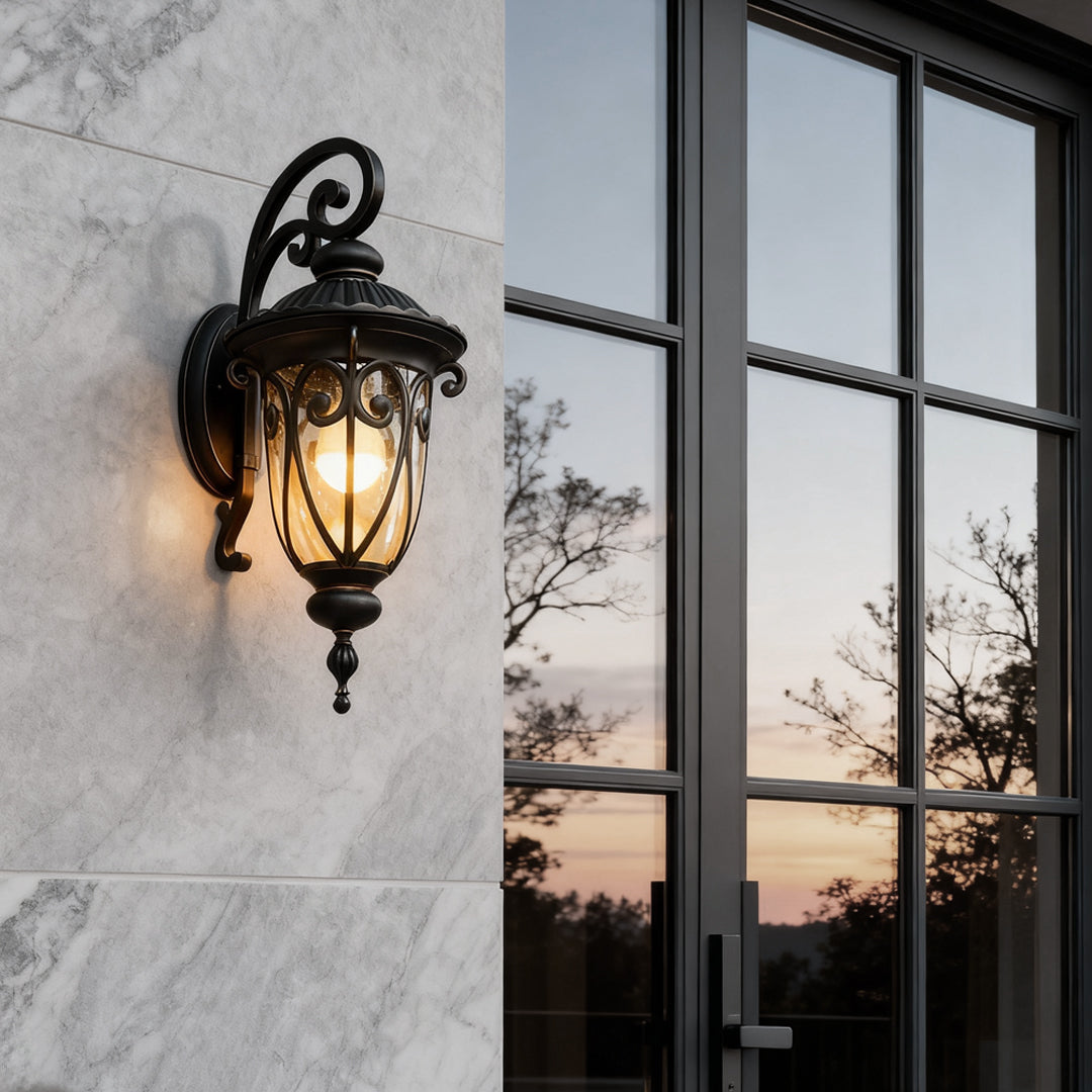 Black Outdoor Wall Lantern Scroll Bracket Glass E27 Down or Up 3 Sizes