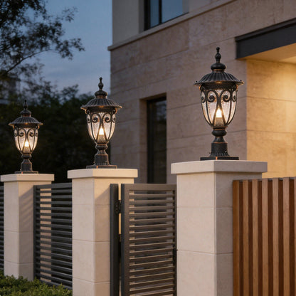 Retro Black Die-Cast Aluminum Bubble Glass Outdoor Pillar Light Hardwired IP54 3 Sizes Garden Villa Lawn