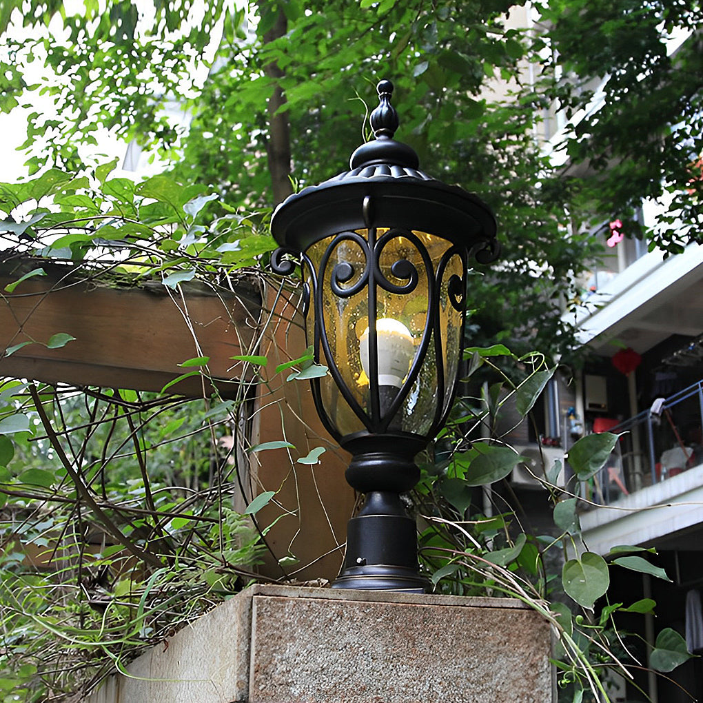 Retro Black Die-Cast Aluminum Bubble Glass Outdoor Pillar Light Hardwired IP54 3 Sizes Garden Villa Lawn