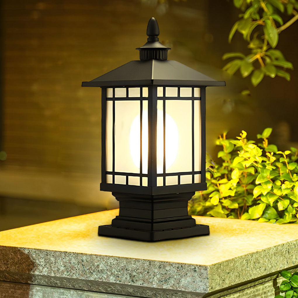 Retro Die-Cast Aluminum Frosted Glass Outdoor Pillar Light Black or Bronze 3 Grid Styles IP55 Hardwired E27