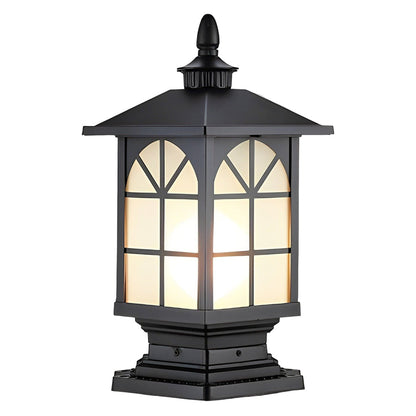 Retro Die-Cast Aluminum Frosted Glass Outdoor Pillar Light Black or Bronze 3 Grid Styles IP55 Hardwired E27
