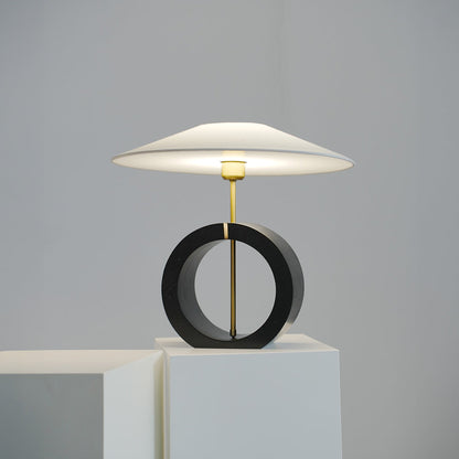Black Walnut Wood Table Lamp Circular Ring Base Wide Beige Fabric Shade Nordic Japandi LED 12W 20.47 Inch