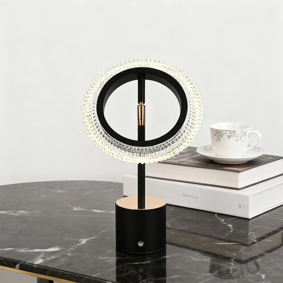 Circular Ring LED Table Lamp Iron Base Gold Accent Crystal Acrylic Shade USB Rechargeable Touch Dimmable Black White 11.42 Inch