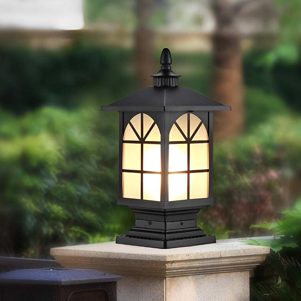 Retro Die-Cast Aluminum Frosted Glass Outdoor Pillar Light Black or Bronze 3 Grid Styles IP55 Hardwired E27