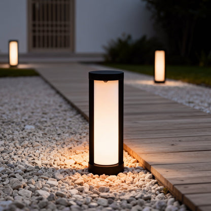 Cylindrical LED Bollard Landscape Light | Solar & Hardwired Black Outdoor Path Light