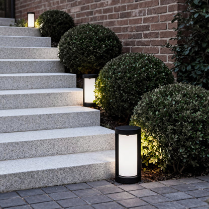 Cylindrical LED Bollard Landscape Light | Solar & Hardwired Black Outdoor Path Light