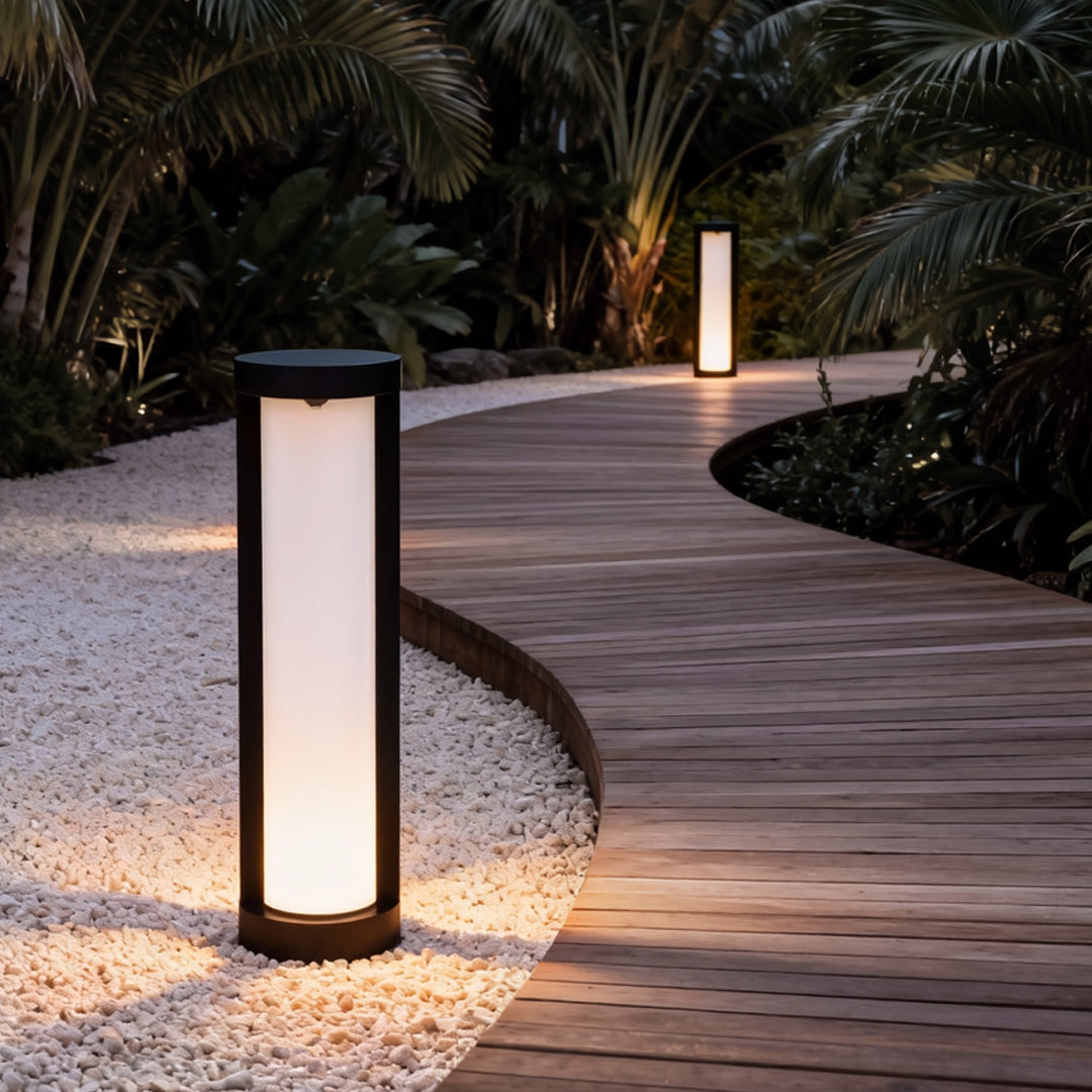 Cylindrical LED Bollard Landscape Light | Solar & Hardwired Black Outdoor Path Light