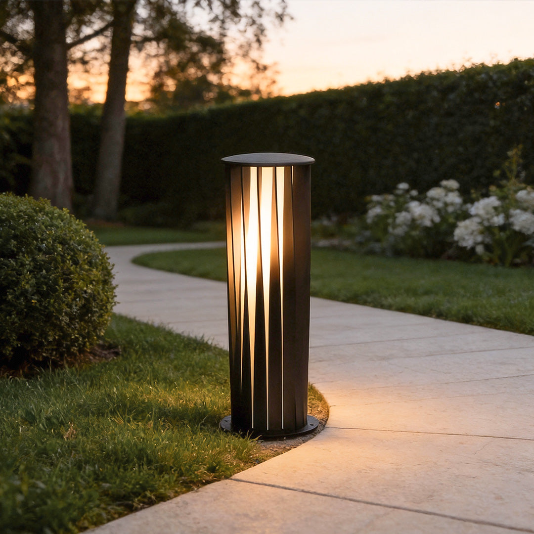 Modern Cylindrical LED Bollard Light Waterproof Solar & Hardwired Outdoor Pathway Lighting Black Aluminum Acrylic IP65