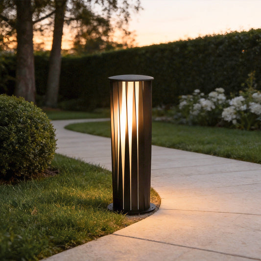 Modern Cylindrical LED Bollard Light Waterproof Solar & Hardwired Outdoor Pathway Lighting Black Aluminum Acrylic IP65