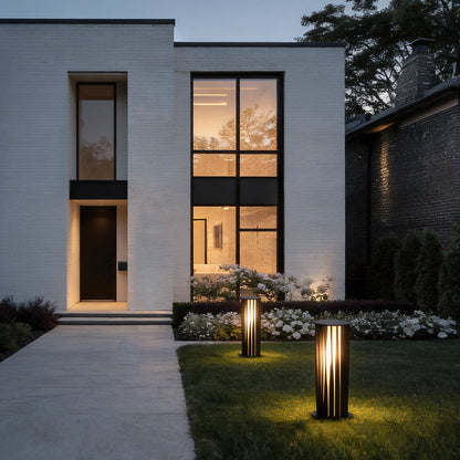 Modern Cylindrical LED Bollard Light Waterproof Solar & Hardwired Outdoor Pathway Lighting Black Aluminum Acrylic IP65