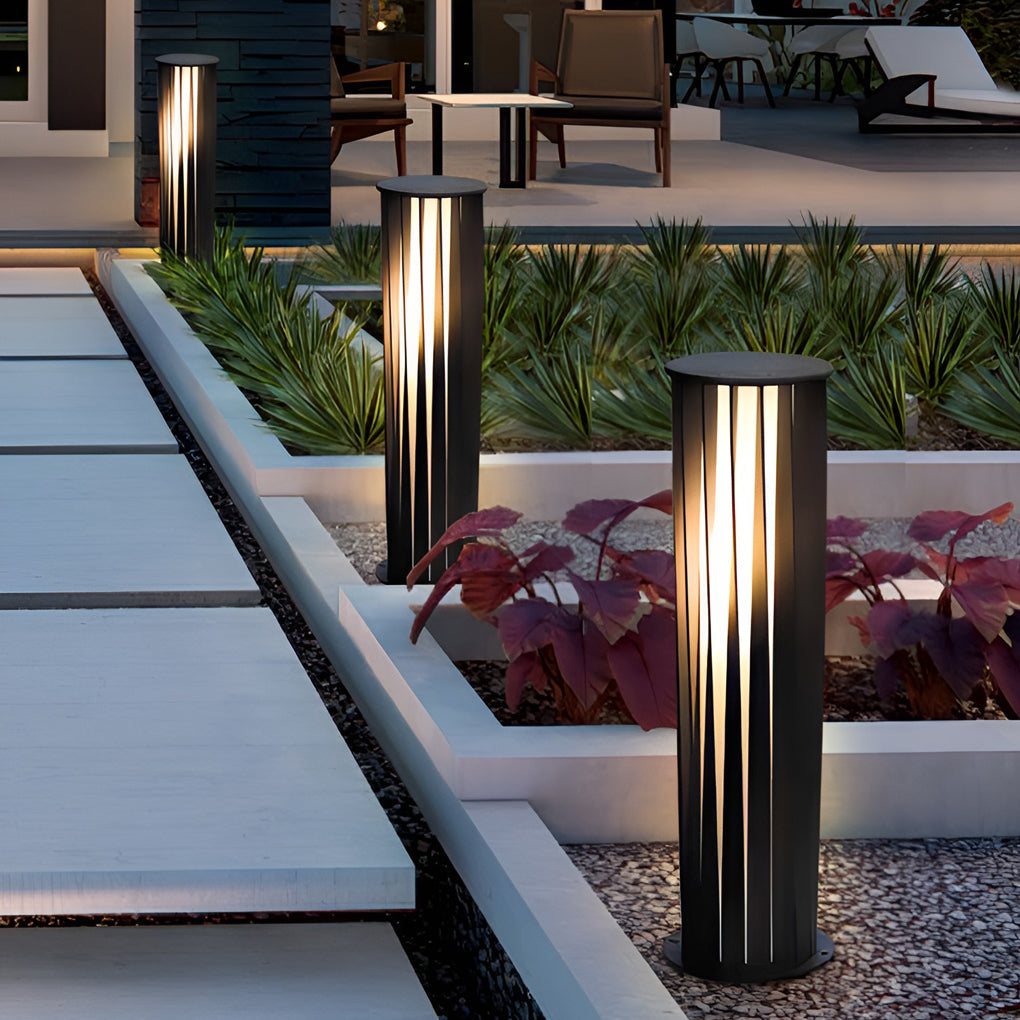 Modern Cylindrical LED Bollard Light Waterproof Solar & Hardwired Outdoor Pathway Lighting Black Aluminum Acrylic IP65