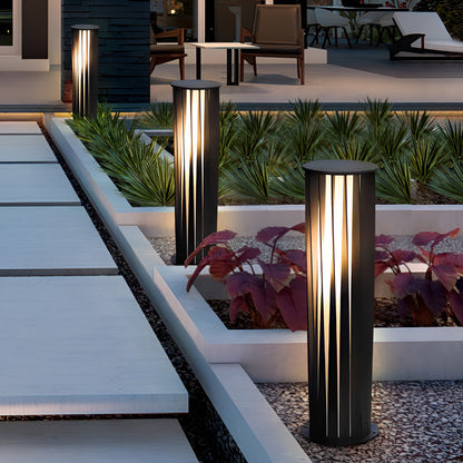 Modern Cylindrical LED Bollard Light Waterproof Solar & Hardwired Outdoor Pathway Lighting Black Aluminum Acrylic IP65