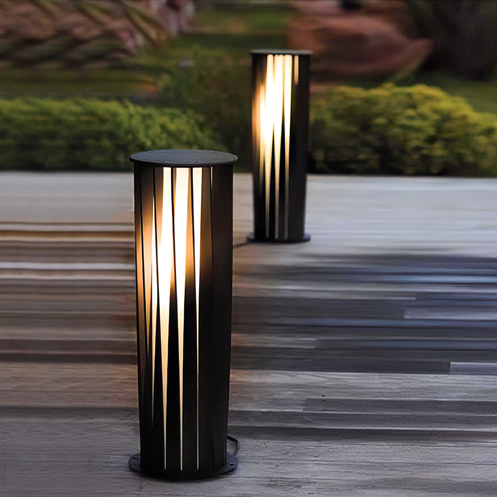 Modern Cylindrical LED Bollard Light Waterproof Solar & Hardwired Outdoor Pathway Lighting Black Aluminum Acrylic IP65
