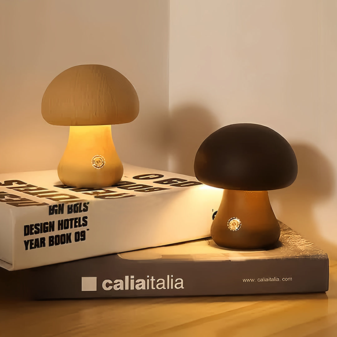 Beech Wood Mushroom LED Night Lamp Touch Dimming Four Shapes Two Finishes