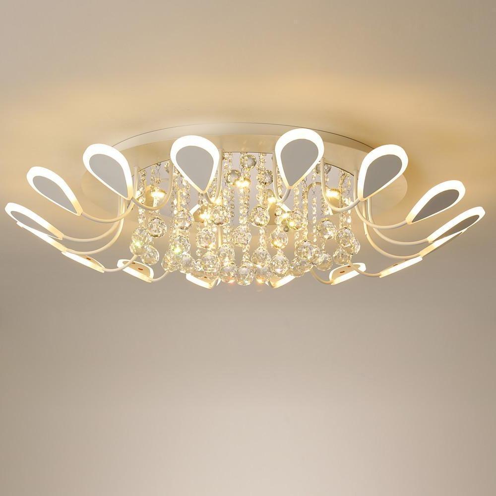 Flower-Shaped Crystal Semi-Flush Mount Ceiling Light — Modern Metal Acrylic Crystal LED White Black Dimmable 39 Inch