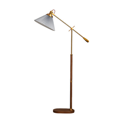 Floor Reading Lamp LED Swing Arm Pleated Fabric Shade Ash Wood Base Brass Pole Retro Luxury Dimmable Remote 2 Colors 49 Inch