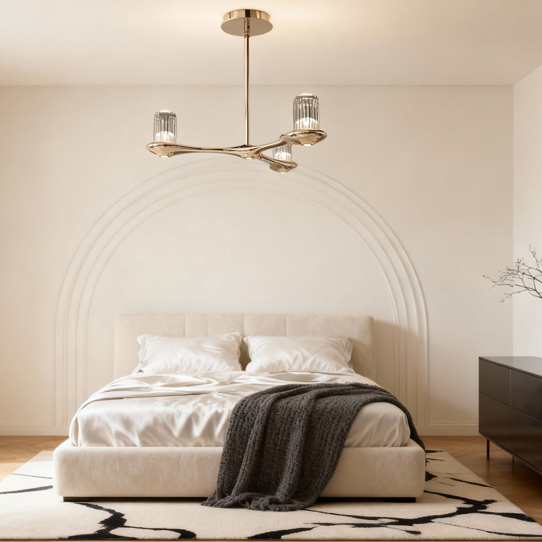 Brass Crystal Chandelier Copper 3-Light Branching Arms Clear Crystal Nordic Minimalist