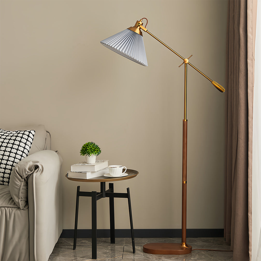 Floor Reading Lamp LED Swing Arm Pleated Fabric Shade Ash Wood Base Brass Pole Retro Luxury Dimmable Remote 2 Colors 49 Inch