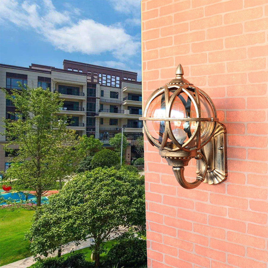 European Globe Outdoor Wall Sconce Cast Aluminum Amber Glass IP55 E27 Black Bronze 3 Sizes