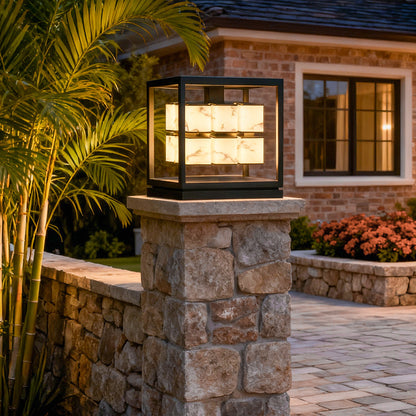 Modern Brick Square Stainless Steel PC Outdoor Pillar Light Black Single or Double Layer Solar or Hardwired IP65 Villa Gate