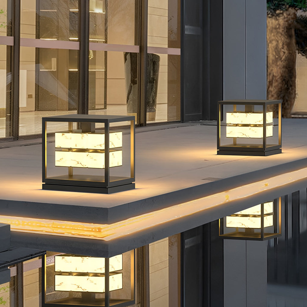 Modern Brick Square Stainless Steel PC Outdoor Pillar Light Black Single or Double Layer Solar or Hardwired IP65 Villa Gate