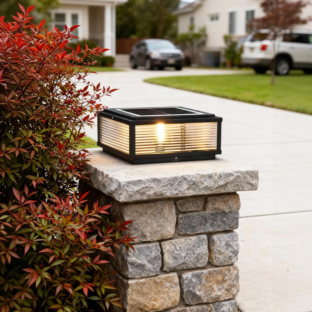 Square Ribbed Glass Outdoor Pillar Light Black Die-Cast Aluminum Solar or Hardwired 5 Widths Pier Mount
