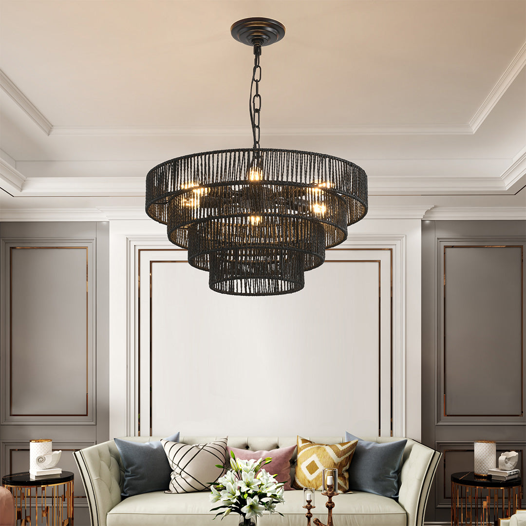 Wabi-Sabi Chandelier Hand-Wrapped Jute Rope Iron Frame Japandi Dining Room Living Room
