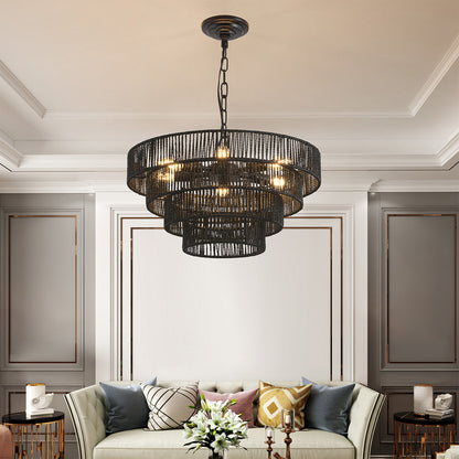 Wabi-Sabi Chandelier Hand-Wrapped Jute Rope Iron Frame Japandi Dining Room Living Room