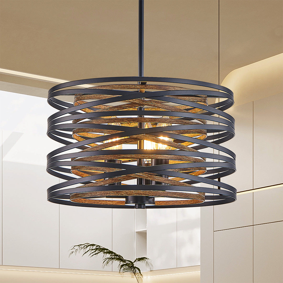 Black Drum Pendant Light Stacked Iron Rings Walnut Accent E12 American Retro 3 Sizes Dining Bar