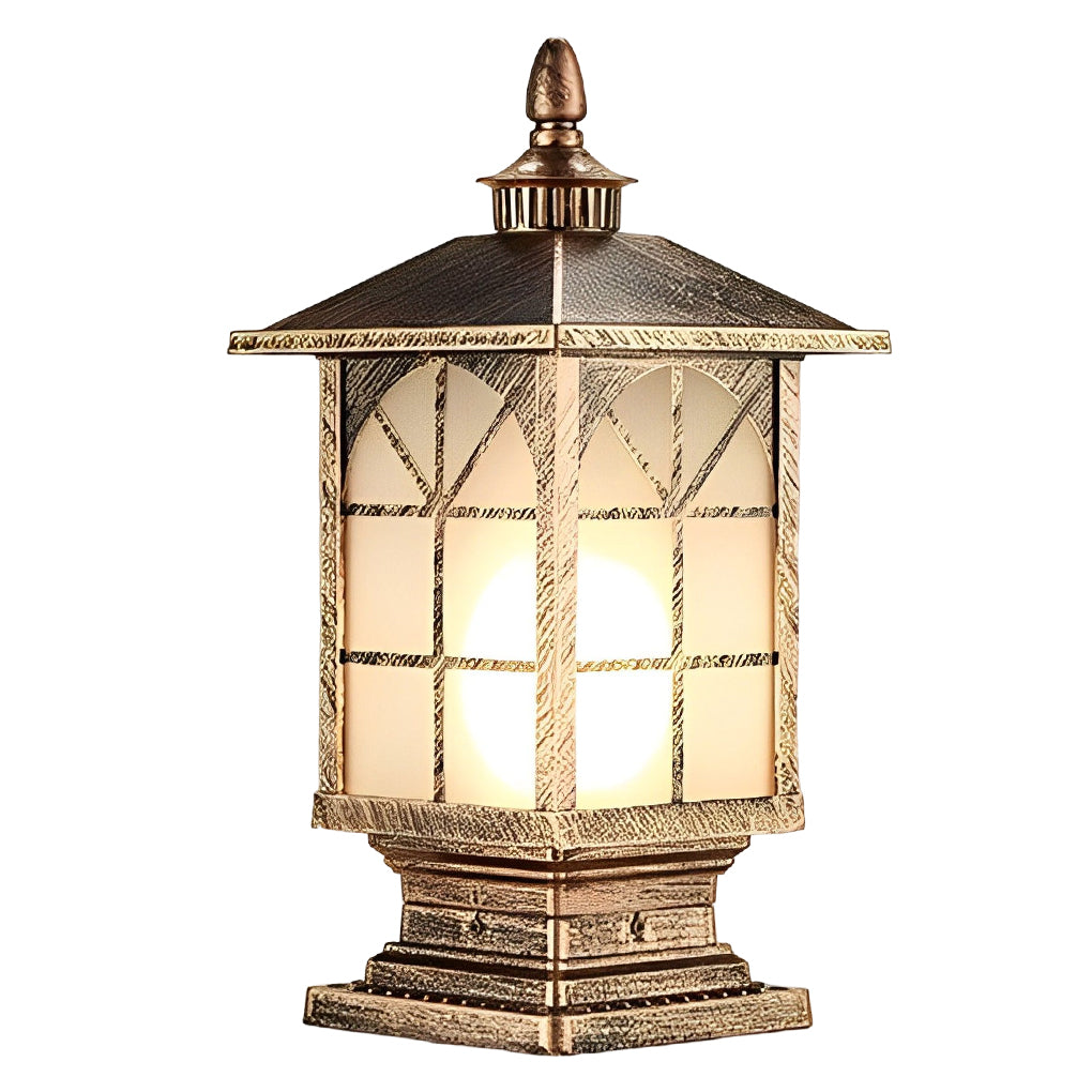 Retro Die-Cast Aluminum Frosted Glass Outdoor Pillar Light Black or Bronze 3 Grid Styles IP55 Hardwired E27