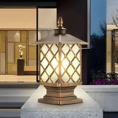 Retro Die-Cast Aluminum Frosted Glass Outdoor Pillar Light Black or Bronze 3 Grid Styles IP55 Hardwired E27