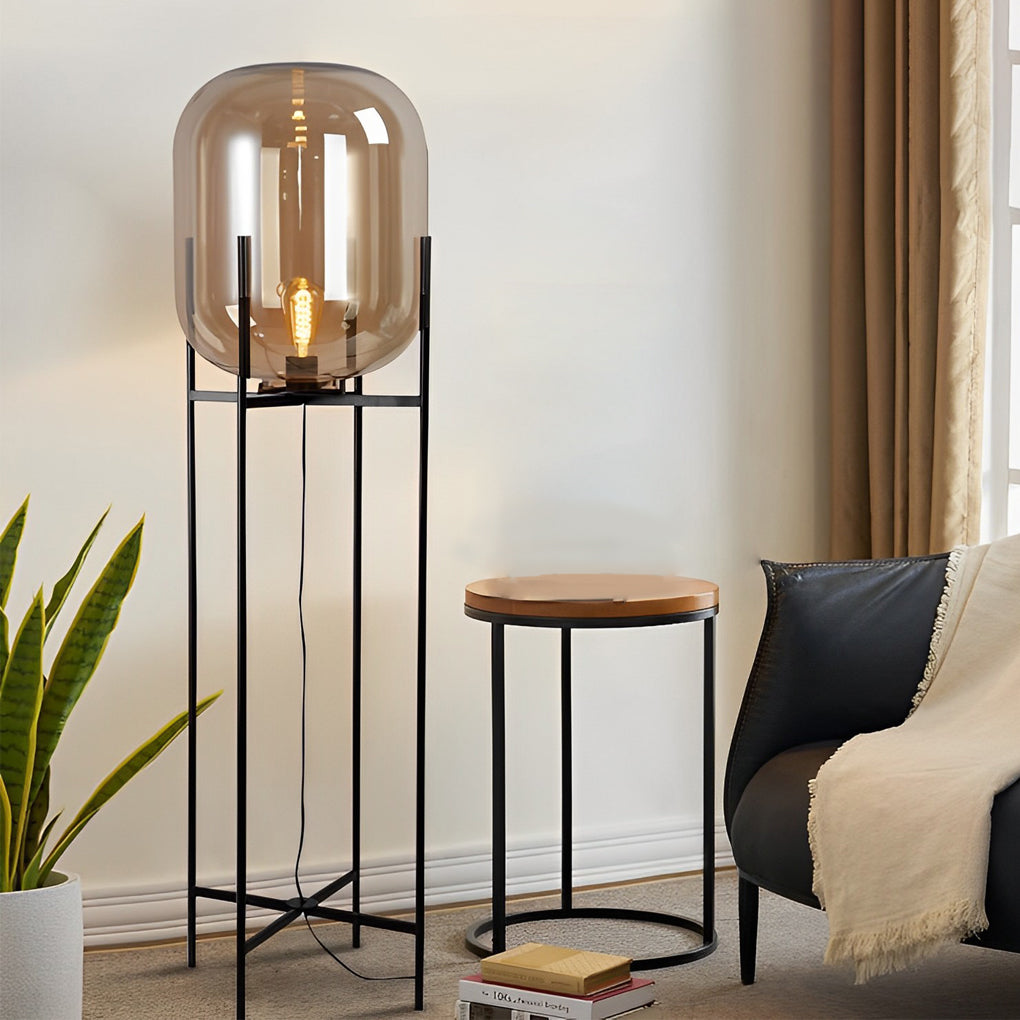 Decorative Floor Lamp Hand Blown Glass Shade Industrial Black Metal 4 Leg Base Smoke Gray Amber Warm White 3000K 3 Sizes Up To 55 Inch