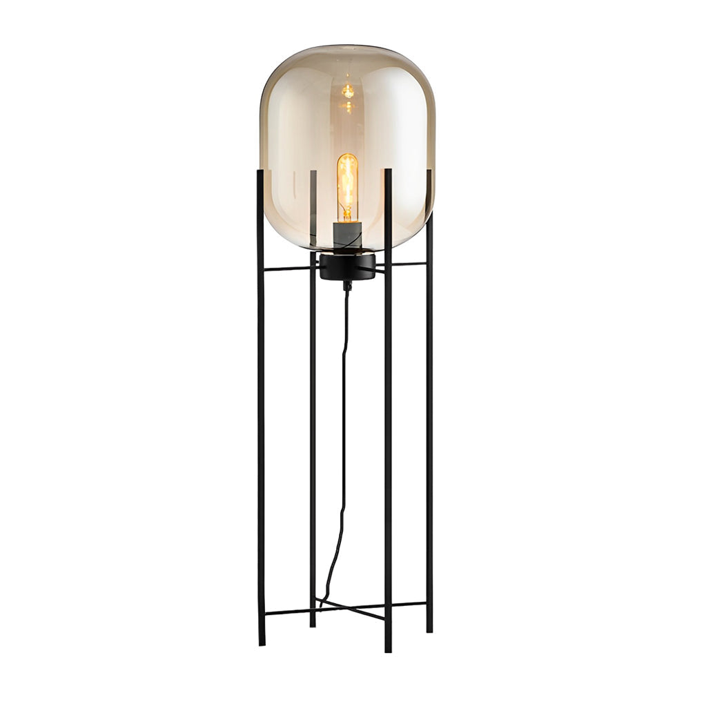 Decorative Floor Lamp Hand Blown Glass Shade Industrial Black Metal 4 Leg Base Smoke Gray Amber Warm White 3000K 3 Sizes Up To 55 Inch