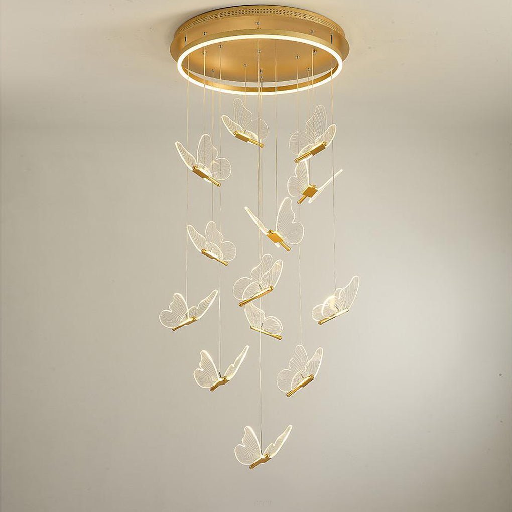Butterfly Staircase Chandelier Gold Iron Acrylic Wings LED Dimmable 3000K 6000K