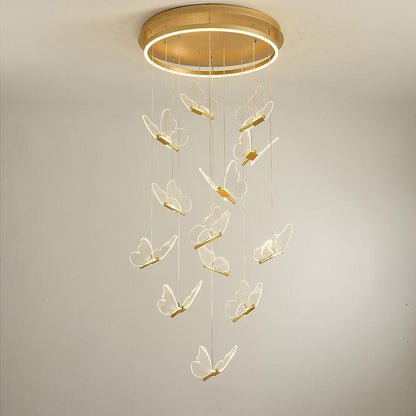 Butterfly Staircase Chandelier Gold Iron Acrylic Wings LED Dimmable 3000K 6000K
