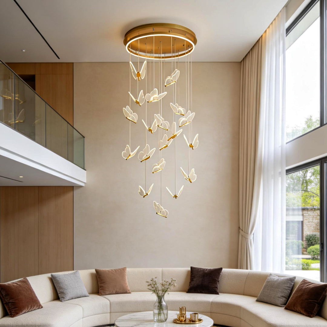 Butterfly Staircase Chandelier Gold Iron Acrylic Wings LED Dimmable 3000K 6000K