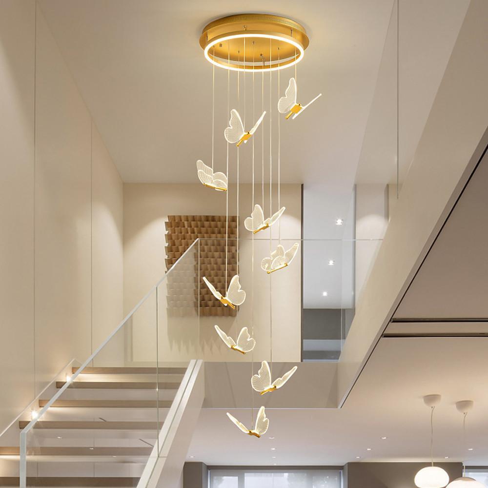 Butterfly Staircase Chandelier Gold Iron Acrylic Wings LED Dimmable 3000K 6000K