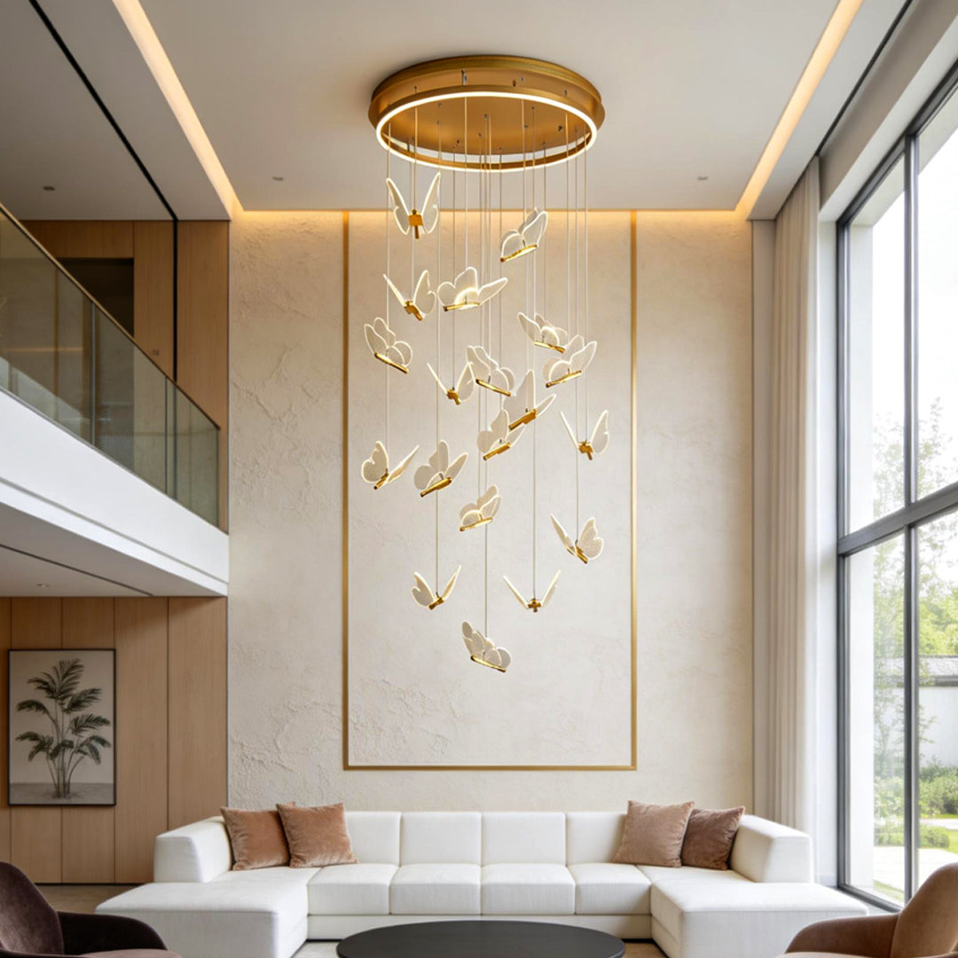 Butterfly Staircase Chandelier Gold Iron Acrylic Wings LED Dimmable 3000K 6000K