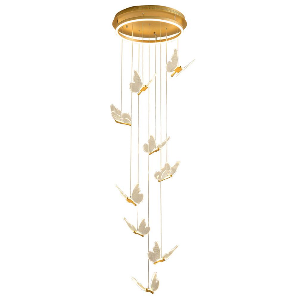 Butterfly Staircase Chandelier Gold Iron Acrylic Wings LED Dimmable 3000K 6000K