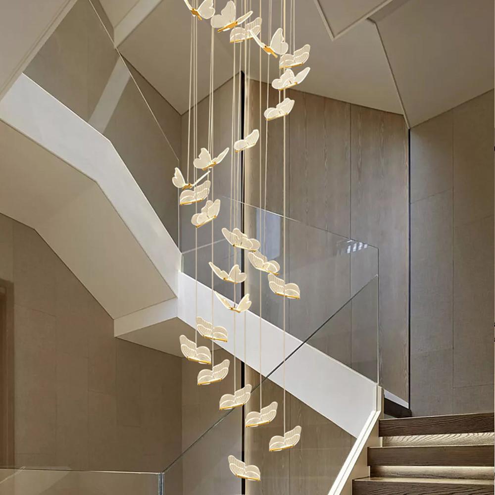 Butterfly Staircase Chandelier Gold Iron Acrylic Wings LED Dimmable 3000K 6000K