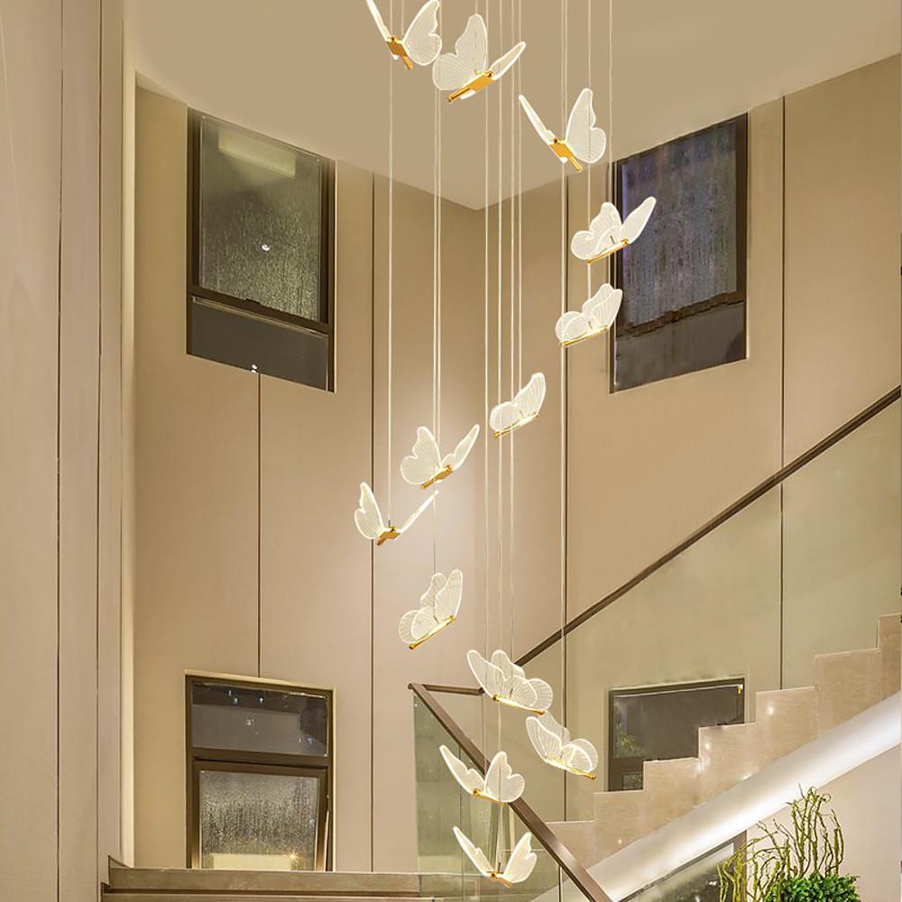 Butterfly Staircase Chandelier Gold Iron Acrylic Wings LED Dimmable 3000K 6000K