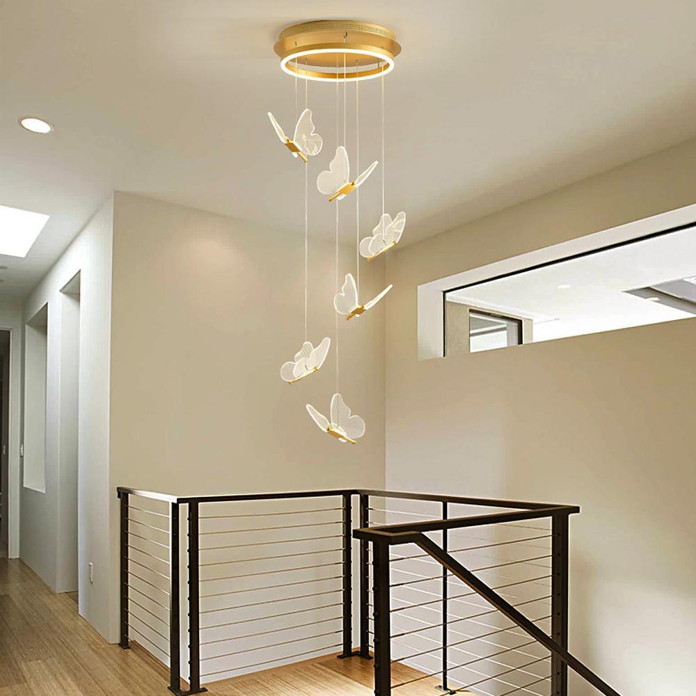 Butterfly Staircase Chandelier Gold Iron Acrylic Wings LED Dimmable 3000K 6000K