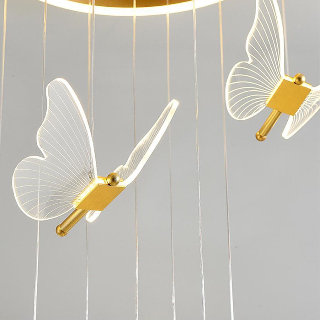 Butterfly Staircase Chandelier Gold Iron Acrylic Wings LED Dimmable 3000K 6000K