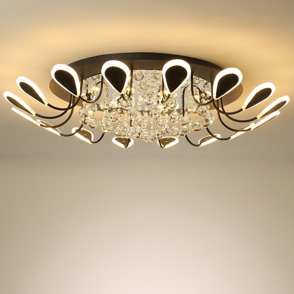 Flower-Shaped Crystal Semi-Flush Mount Ceiling Light — Modern Metal Acrylic Crystal LED White Black Dimmable 39 Inch