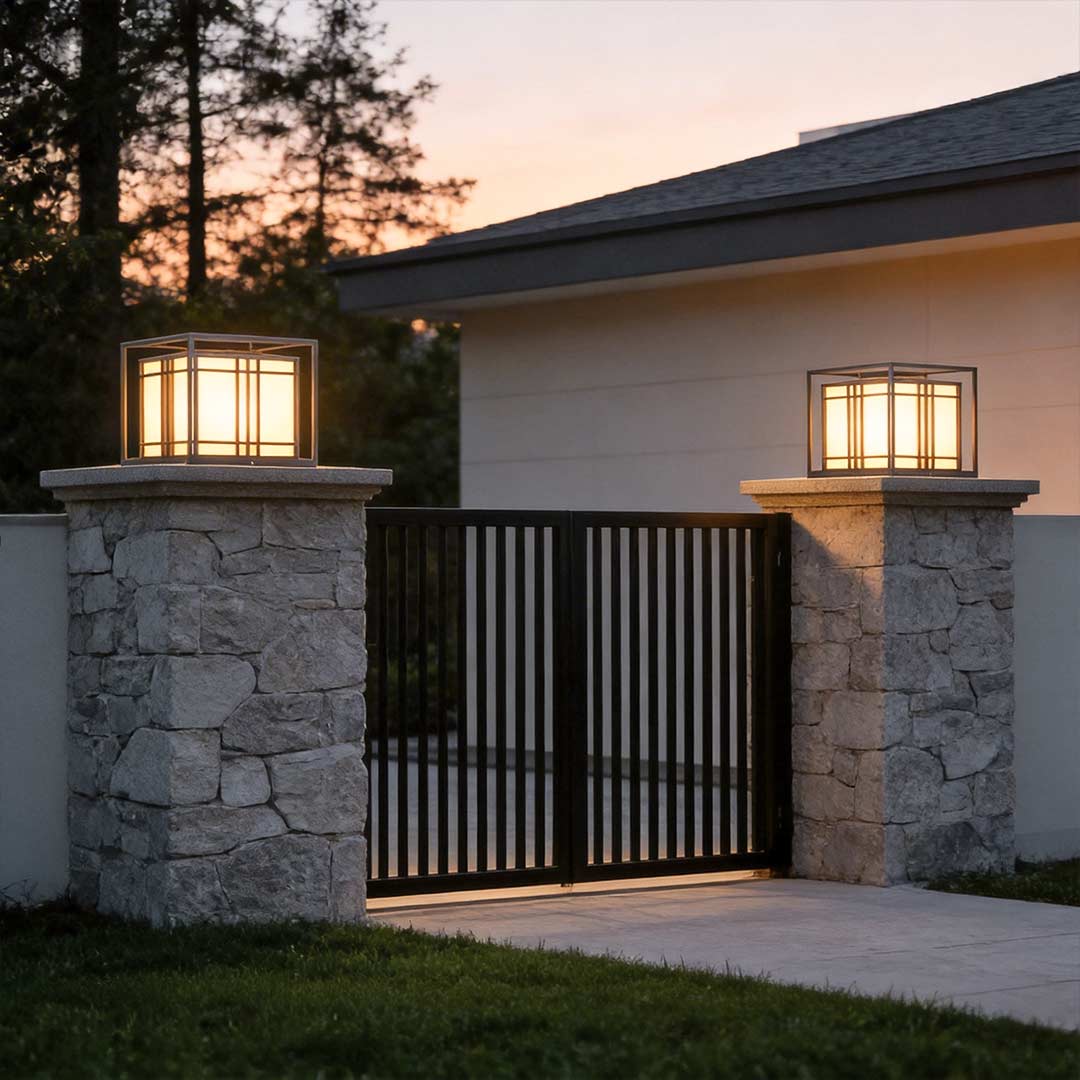 Caged Galvanized Steel Imitation Marble Outdoor Pillar Light Black Hardwired IP65 4 Sizes Courtyard Villa Lawn