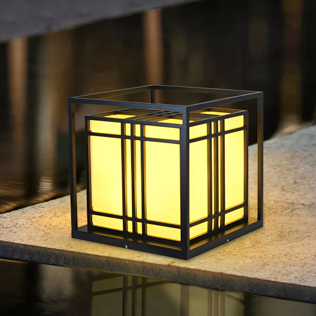 Caged Galvanized Steel Imitation Marble Outdoor Pillar Light Black Hardwired IP65 4 Sizes Courtyard Villa Lawn